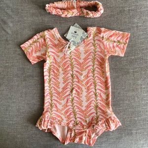 Kate Quinn 12-18M Vine Stripe Ruffle Leg Bodysuit with matching Headband. NWT.